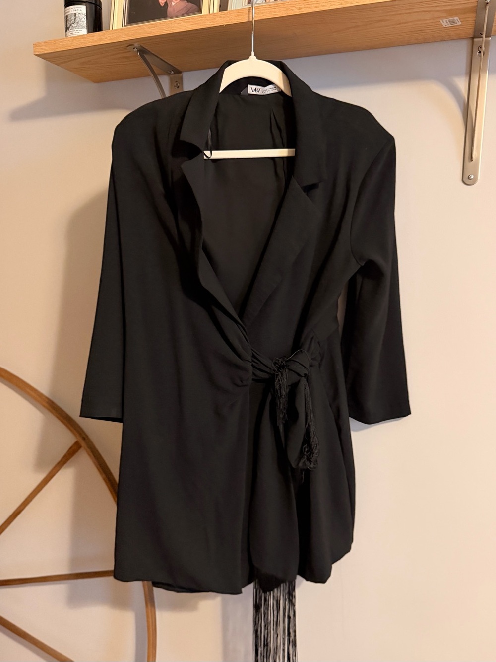 Black Draped Jacket romper dress with Subtle Collar